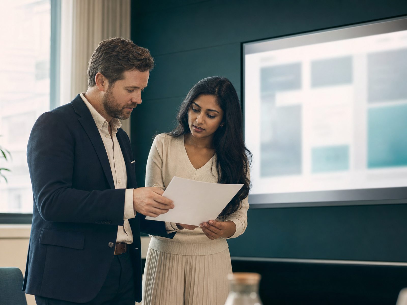 Two colleagues reviewing the details of a hiring brief