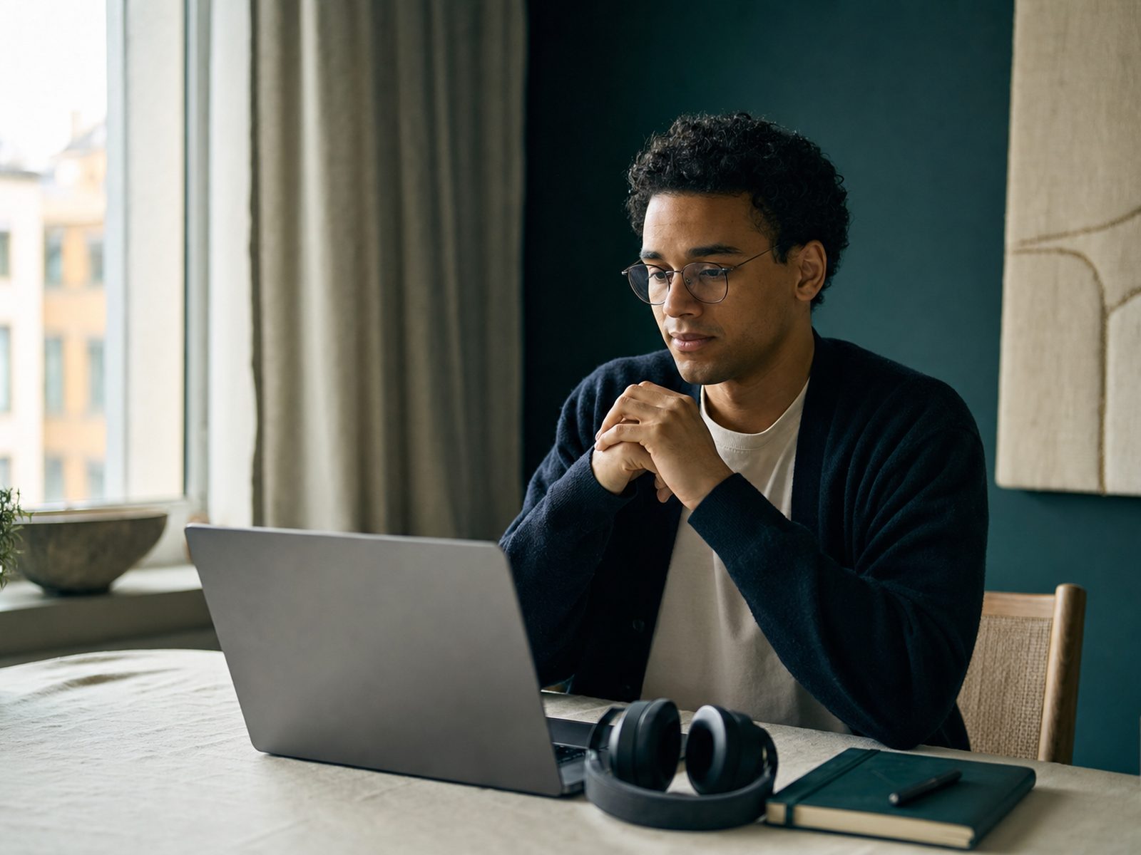 Professional speaking during a practice interview at a desk