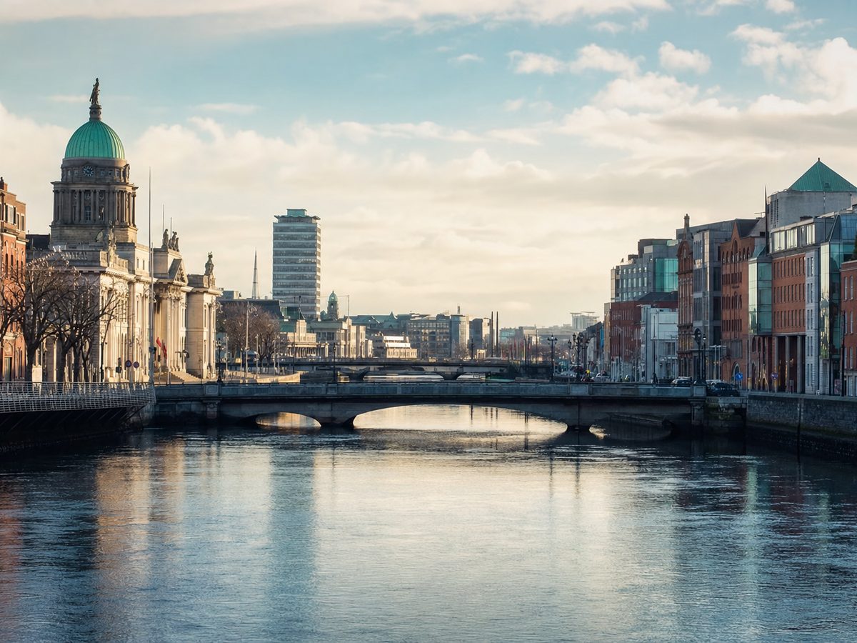 Irish city waterfront on a bright day