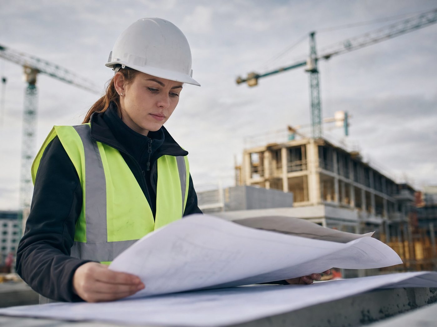 Engineer reviewing building plans on an active construction site