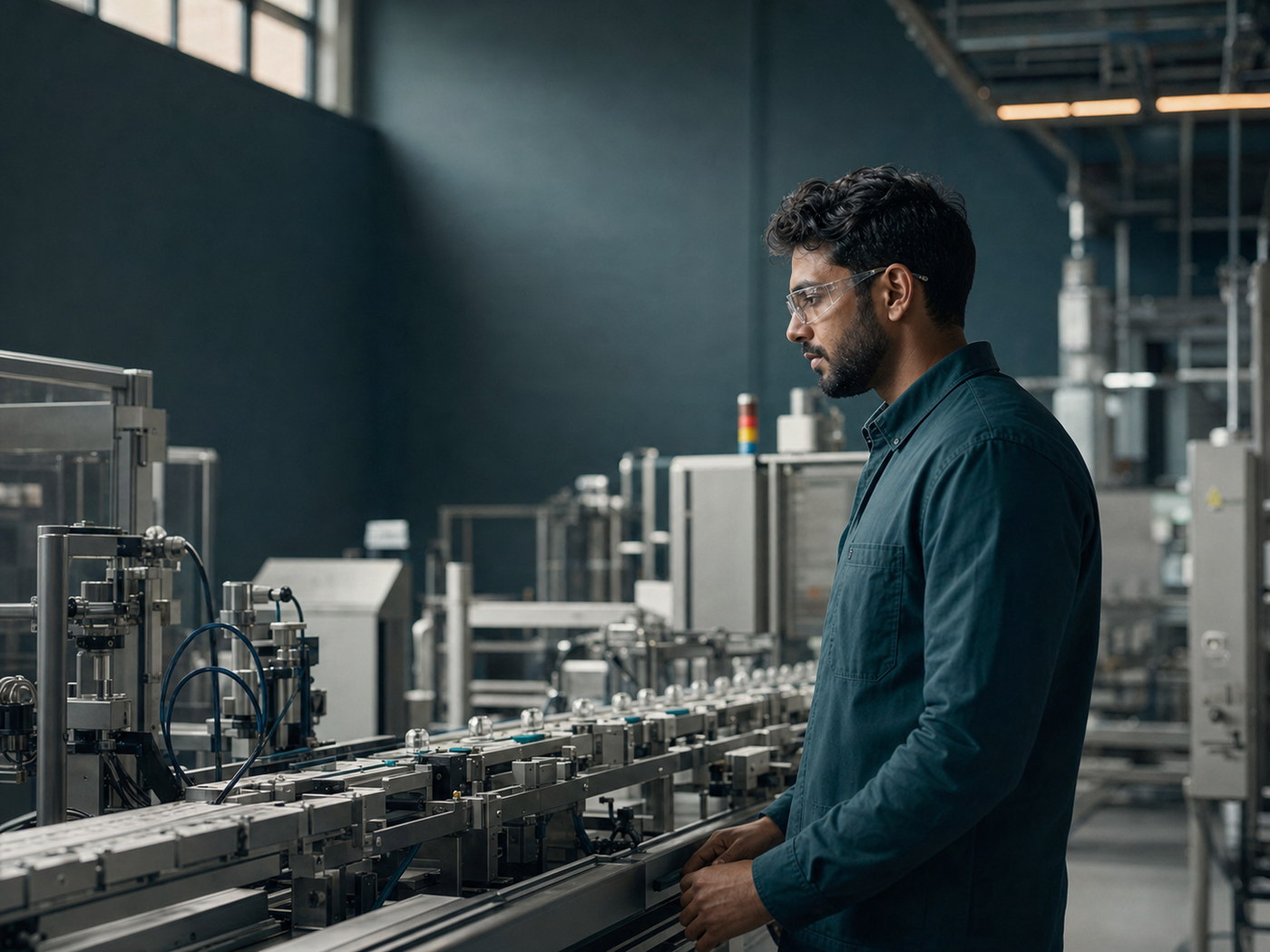 Manufacturing engineer reviewing production equipment