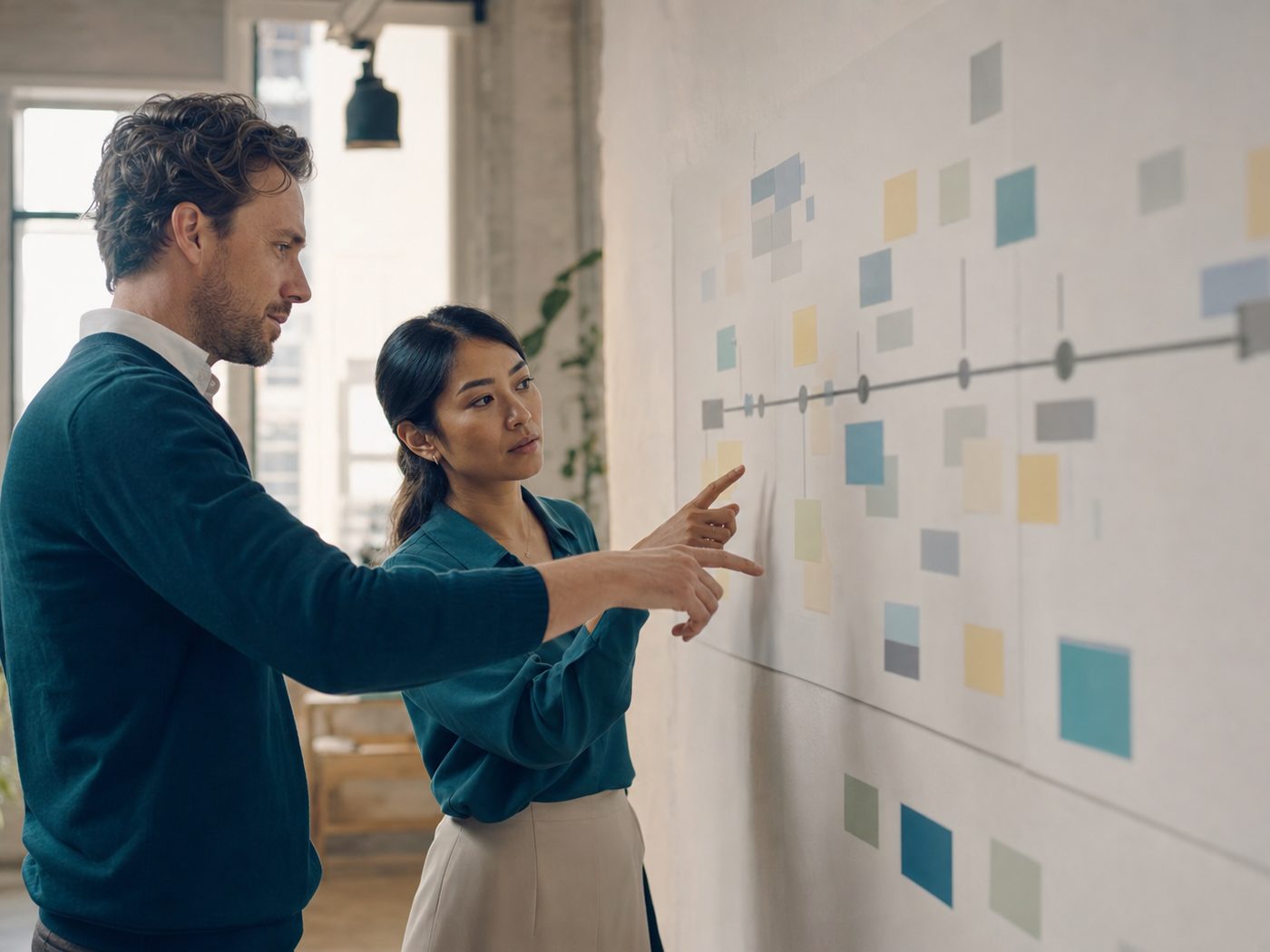 Delivery team reviewing a project plan on a planning wall